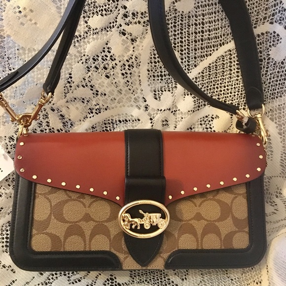 Coach Georgie Shoulder Bag In Colorblock Signature Canvas With Rivets - Picture 5 of 16